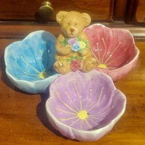 Ceramic Teddy Bear with Trio of Flower Bowls - Pastel Blue Pink Purple